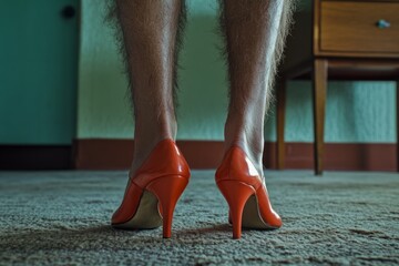Hairy male legs wearing shiny orange high heel shoes standing on carpet in a bedroom