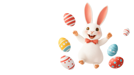 Happy Easter Bunny with Painted Eggs Illustration, cut out transparent