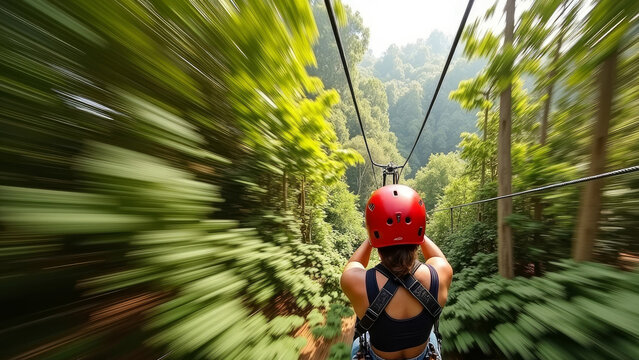 Back view of excited young female while having fun on high ropes with belay cables protective helmet in forest adventure park in daylight. Zip line. AI