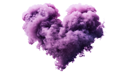 Heart-shaped lilac smoke cloud on a black background, cut out transparent