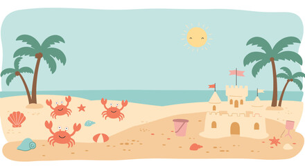 Obraz premium Cute Summer Beach Day Flat Doodle Vector