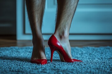 Man wearing red high heels standing on carpet in bedroom