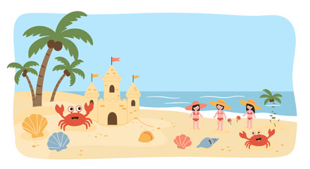 Fototapeta premium Cute Summer Beach Day Flat Doodle Vector