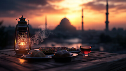 An inviting dinner scene with a flickering lantern, steaming tea glasses, a feast of aromatic dishes, and the striking silhouette of an ancient mosque at sunset