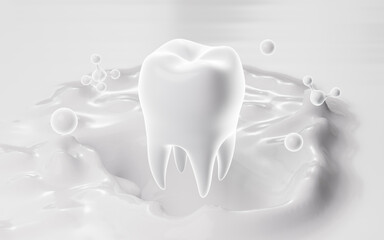 Tooth isolated on the white fluid background, Calcium supplement with milk, Nutrient absorption concept, 3d rendering.