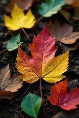 Close-up of various leaf types on a forest floor , leaf textures, foliage