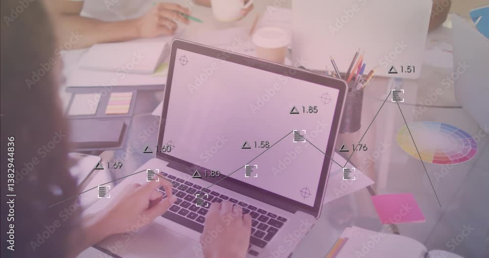 Poster hands typing on laptop with data analysis animation over office desk