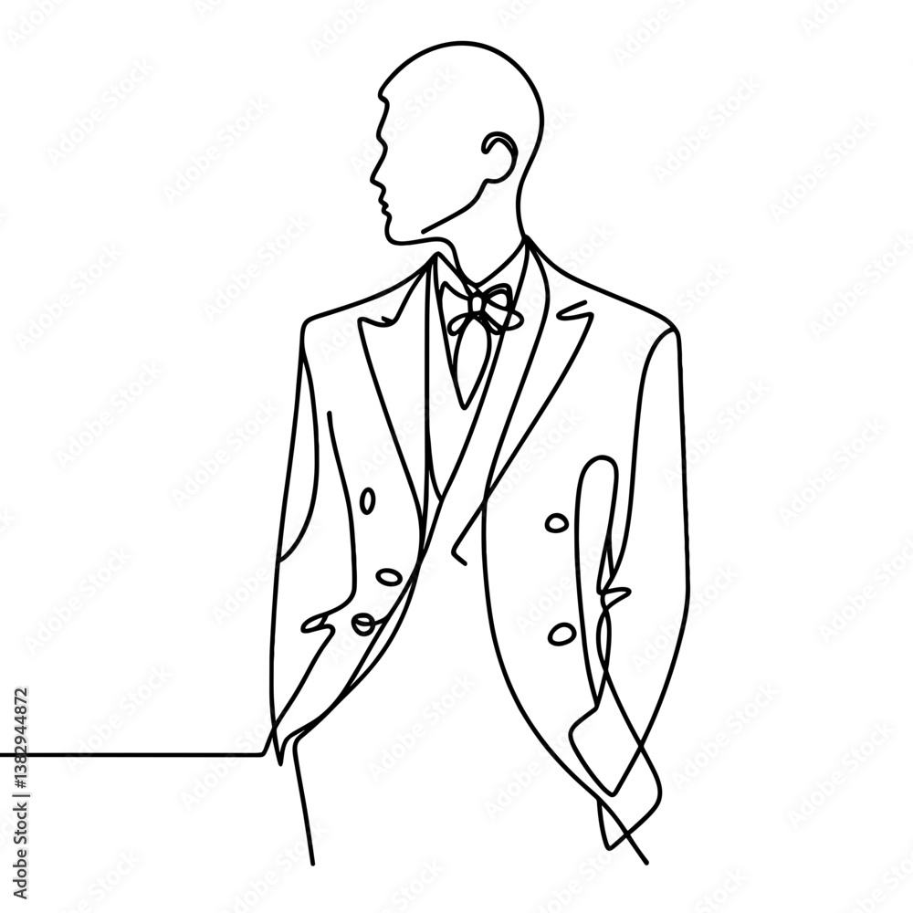 Poster line drawing of a man formal in a tuxedo against a white background
