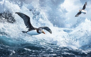 Naklejka premium A flock of puffins glide effortlessly through the air, their wings casting dramatic shadows over the rugged, icy Arctic landscape below