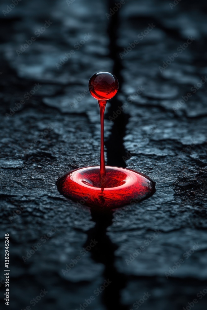 Poster dramatic close up of a vibrant red liquid drop falling onto a textured dark surface creating a capti