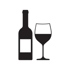 A minimalistic black silhouette of a wine bottle and a wine glass, isolated on a white background
