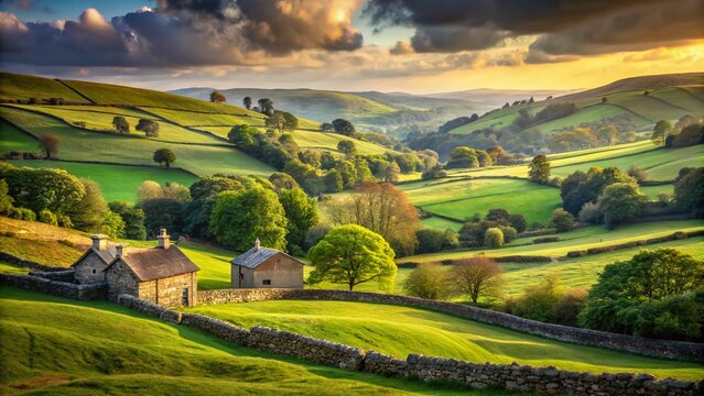 Vintage English Countryside Landscape: Rolling Hills, Green Fields, Pastoral Scene