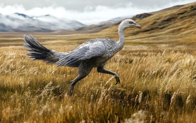 A Kelenken terror bird emerges from the shrouded mists of the primeval grasslands, its massive form and fierce presence commanding attention in the atmospheric, ethereal landscape
