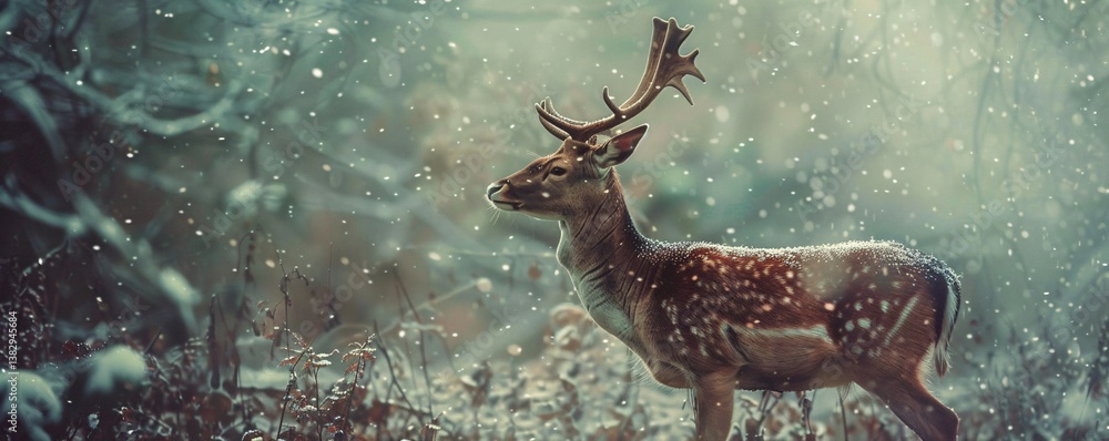 Poster fallow deer stands in a snow-covered forest during a gentle snowfall