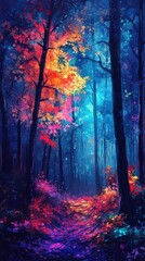 Enchanting colorful forest path, autumn leaves glow