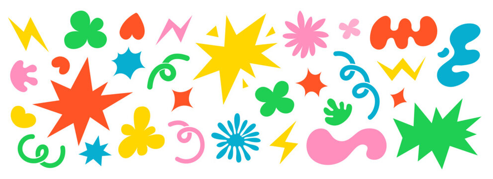 Naklejki Abstract clouds and flowers shapes sticker set. Groovy funky flowers, bubbles, stars, loops and waves in trendy retro cartoon style. Vector illustration with wavy elements.