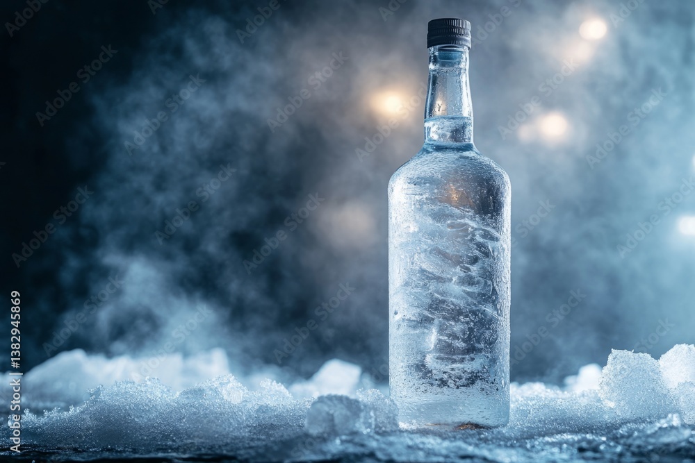 Poster ice-cold vodka bottle emerging from crushed ice and fog with backlight, creating a refreshing and co