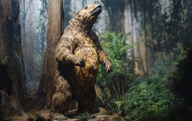Imposing megatherium stands upright amidst towering trees in a misty prehistoric rainforest, showcasing its impressive stature and ancient habitat