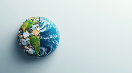 detailed image of planet Earth showcasing split view of vibrant, green landscape and polluted area filled with waste, symbolizing environmental issues and sustainability