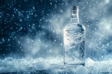 Ice cold vodka bottle chilling on ice with snow falling in background