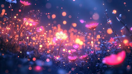 Glowing flowers illuminate a magical night garden.