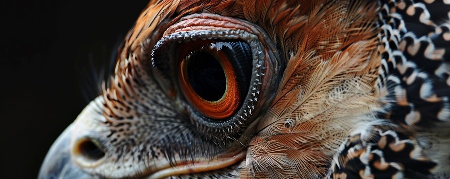 Close-up of a crested serpent eagle showing the beautiful details and colors of its feathers - Powered by Adobe