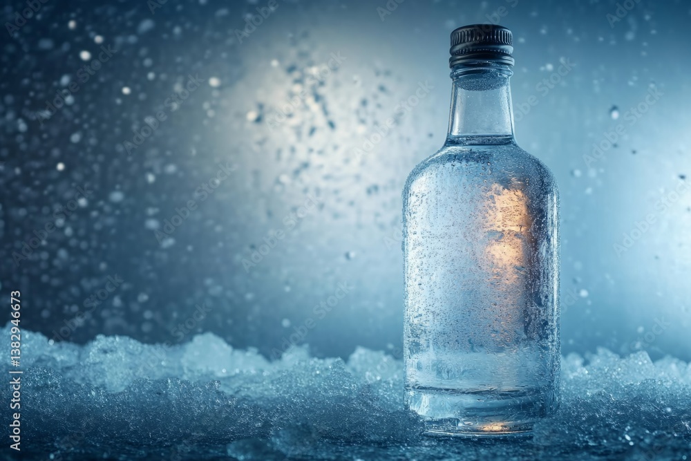Poster refreshing vodka bottle stands on ice with water droplets splashing in the background, creating a co