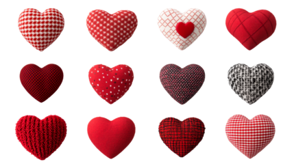 Twelve textured hearts on a black background, cut out transparent