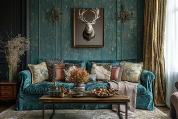 Home living room interior with rest zone and decoration
