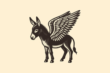 Fototapeta premium Magic donkey with wings vintage golden monochrome vector sketch
