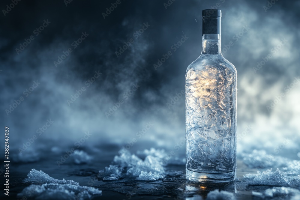 Poster ice-covered bottle of vodka stands on a frozen surface, surrounded by fog and ice, creating a chilli