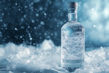 Vodka bottle chilling on crushed ice with water drops and sparkling bokeh background