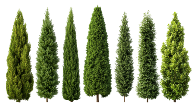 Conical evergreen tree assortment, variety of textures, isolated, cut out transparent