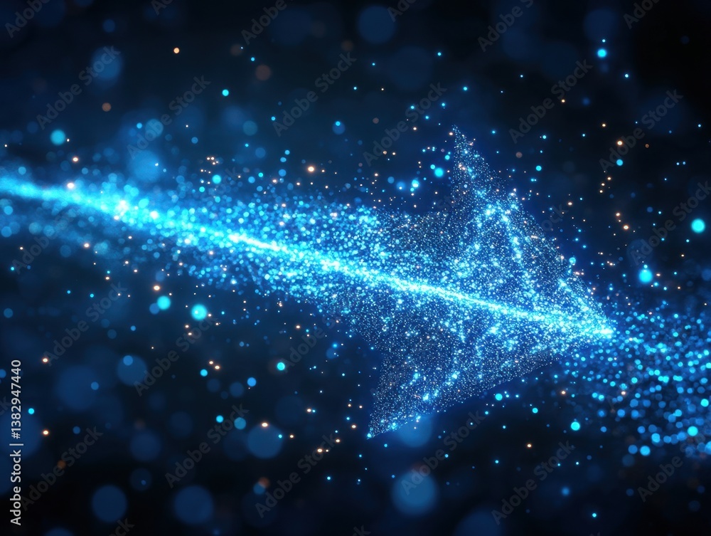 Poster luminous arrow of blue particles on dark background symbolizing direction progress and technological