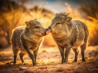 Vintage Photo: Javelinas Marking Territory, Desert Wildlife, Southwestern USA