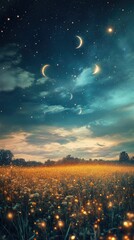 Magical field glowing fireflies crescent moons starry night