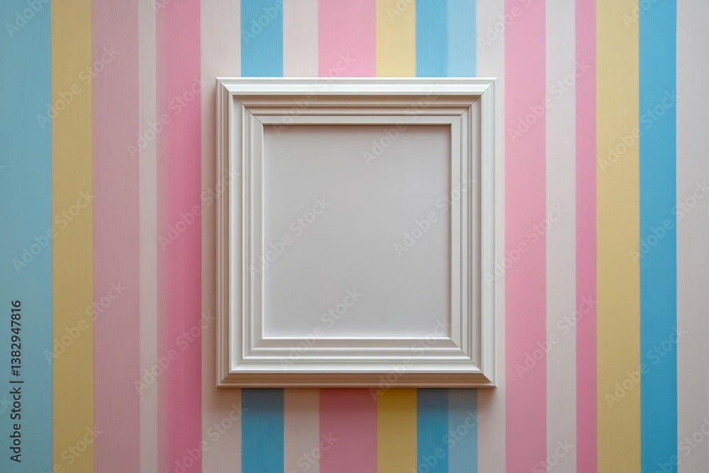 Poster empty white frame hanging on a colorful striped wall, creating a vibrant and playful backdrop
