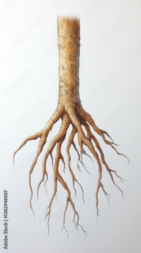 Aufkleber detailed botanical illustration of a tree trunk and root system on a white background artistic rende