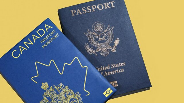 Canada and United States Passport concept on the Yellow copy space 4k Footage top view, zooming out background. Travel documents, migration, usa, citizenship, Obtaining passport