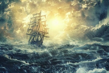 Tall ship battles stormy seas under dark clouds and bright sunlight illuminating the horizon