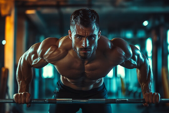 Muscular man doing dips on parallel bars with intense focus, set in a gym environment, captured in ultra realistic detail, highlighting strength and determination.

