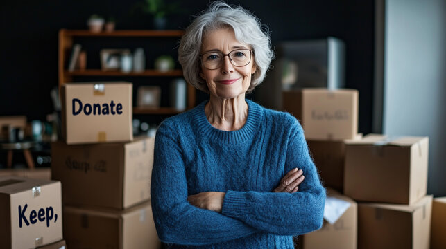 A warm, clutter-free home setting where a senior woman stacks boxes labeled "Donate" and "Keep," embracing an organized moving process