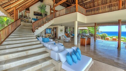 Luxurious Open Plan Villa Interior with Ocean Views and Staircase