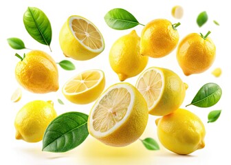 Fototapeta premium High-resolution, retouched images of flying lemons, isolated on a white background.