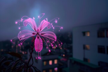 Glowing neural flower in urban environment at night, combining organic forms with digital light structures in a futuristic bio-technology concept.