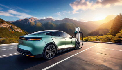 Naklejka premium Eco-Friendly Electric Vehicles – A sleek electric car charger getting charged 