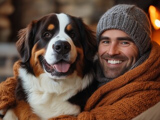Lustiger Moment: Ein großer Bernhardiner sitzt lachend auf dem Schoß seines Besitzers