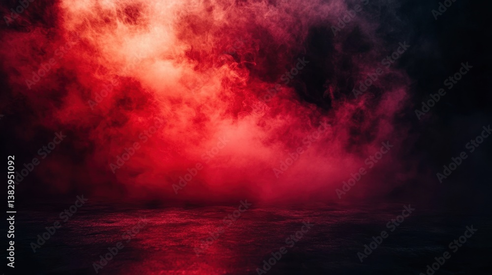 Poster dramatic stage illuminated by vibrant red smoke creating a mysterious and captivating atmosphere wit