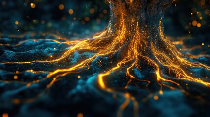 Glowing tree roots energy vibrant dark