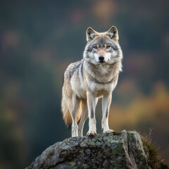 Obraz premium majestic wolf stands confidently on rocky cliff, showcasing its striking features and alert expression. background is softly blurred, enhancing wolf presence in this serene natural setting